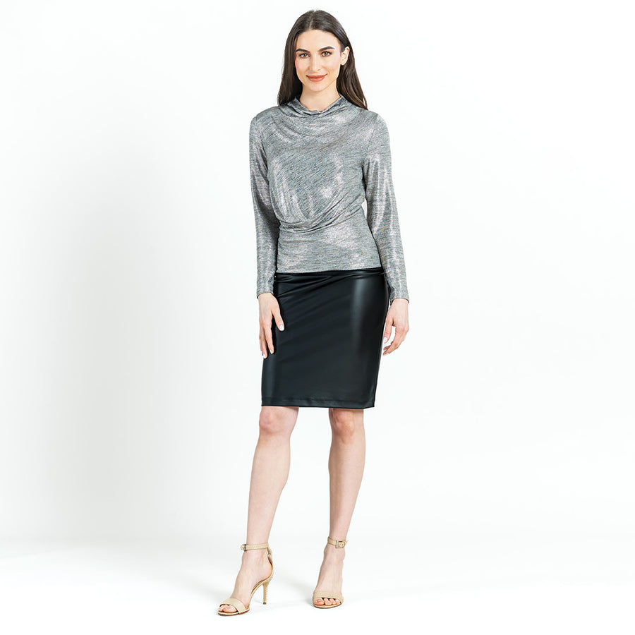 Glimmer Lamé - High Boat Neck Side Draped Top - Silver - Final Sale!