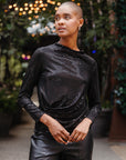 Shimmer Embellished - High Boat Neck Side Draped Top - Black - Final Sale!
