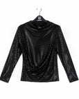 Shimmer Embellished - High Boat Neck Side Draped Top - Black - Final Sale!