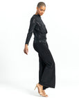 Shimmer Embellished - High Boat Neck Side Draped Top - Black - Limited Sizes!