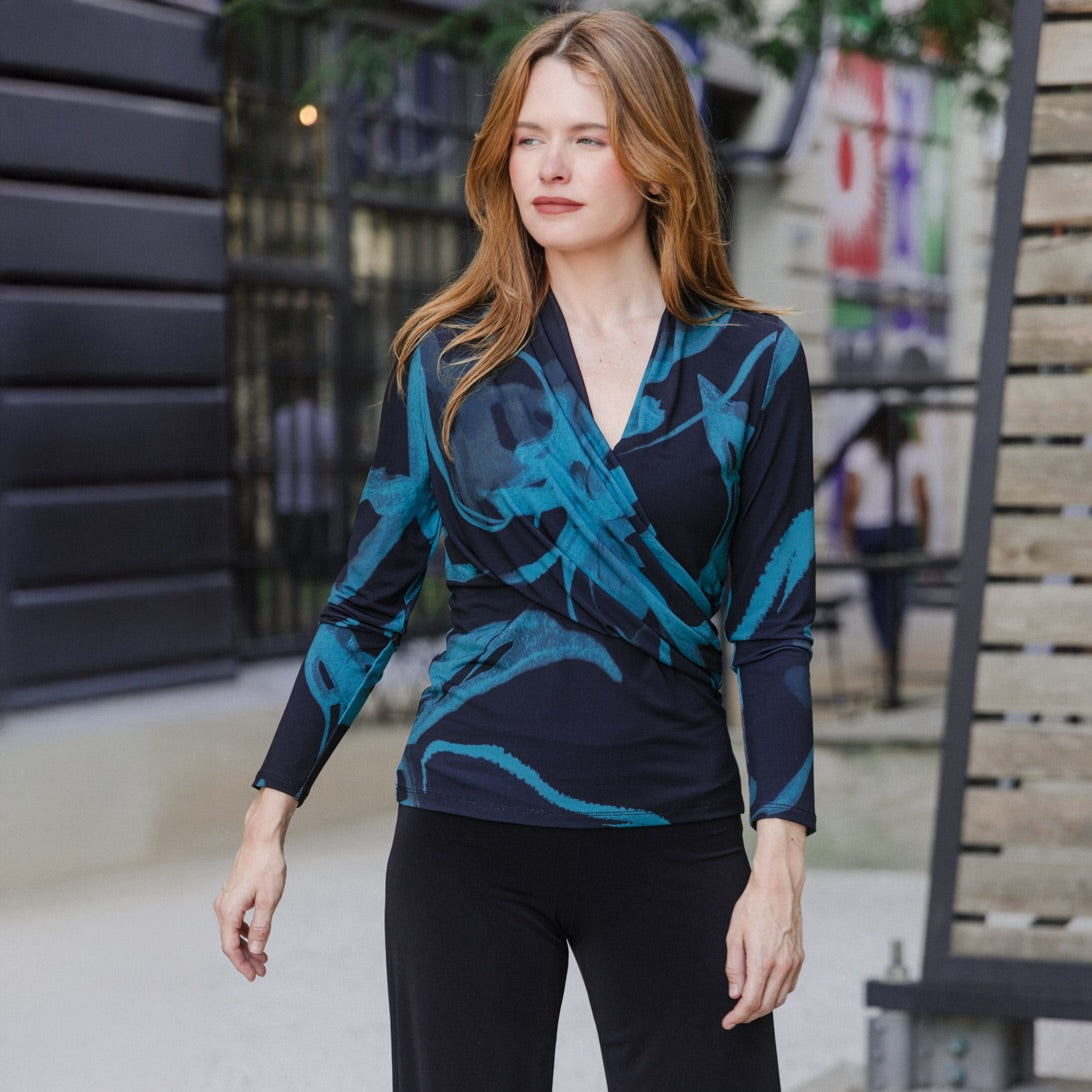 V-Neck Draped Pleat Top - Floral Eclipse - Final Sale – Clara Sunwoo