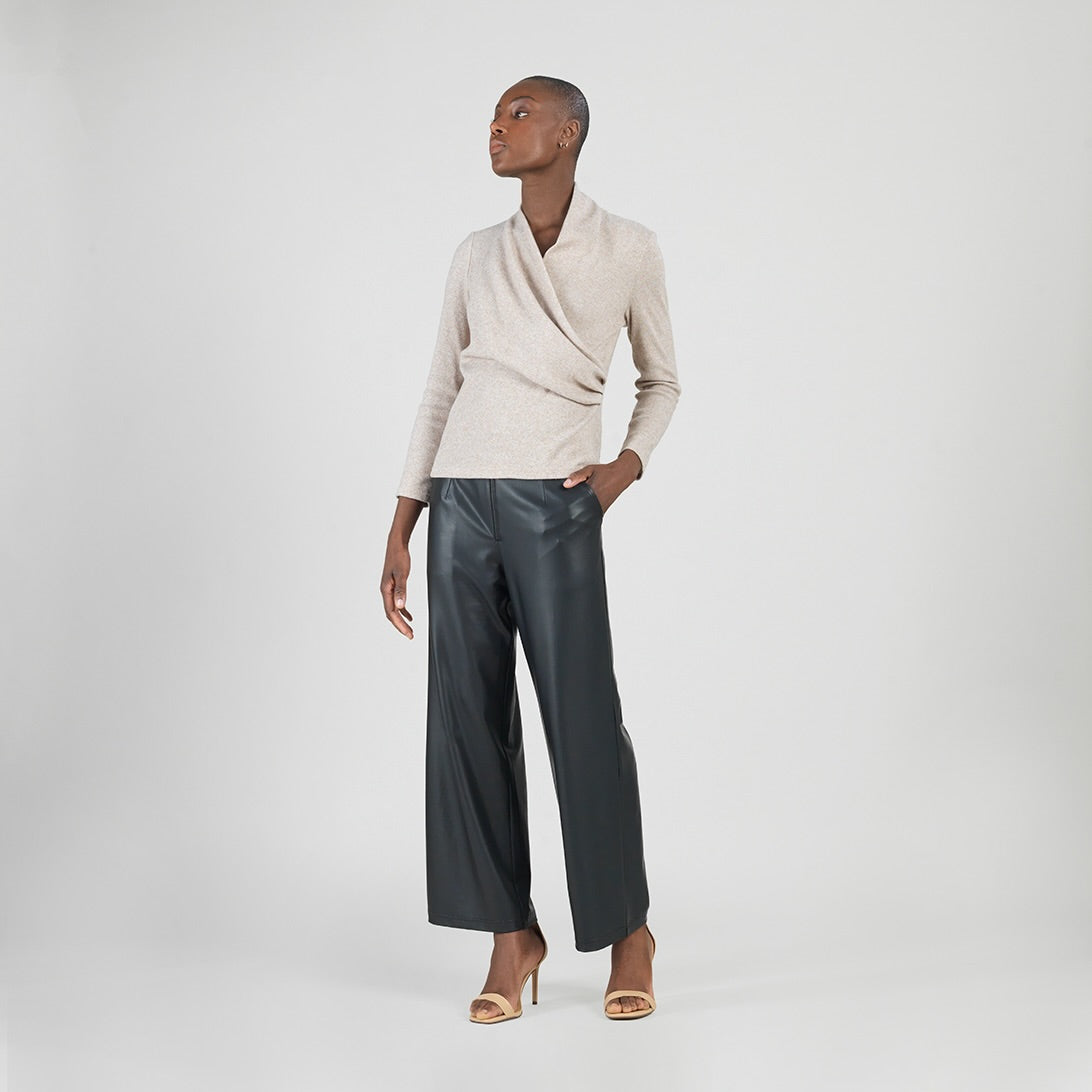 Faux Cashmere - V-Neck Draped Pleat Sweater Top - Natural – Clara