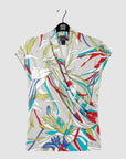 Cap Sleeve Surplice Crossover Top - Floral Leaves-Beige - Final Sale