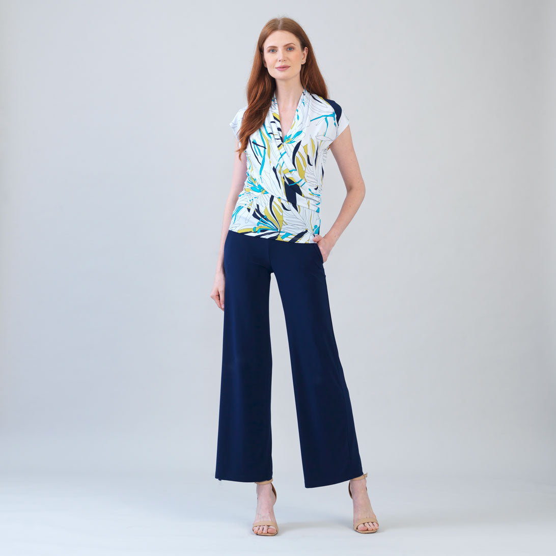 Cap Sleeve Surplice Crossover Top - Floral Leaves-White - Final