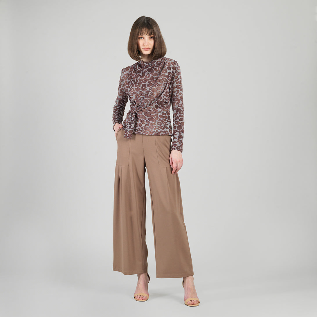 Cozy Knit - Long Sleeve Loop Front Sweater Top - Leopard Motif