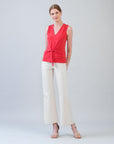 Sleeveless V-Neck Center Front Tie Top - Coral - Limited Sizes