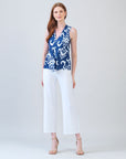 Butter Knit - Sleeveless V-Neck Center Front Tie Top - Tile Motif