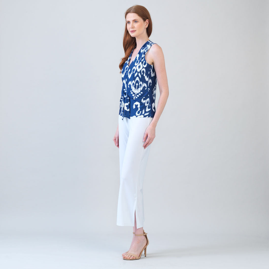 Butter Knit - Sleeveless V-Neck Center Front Tie Top - Tile Motif