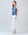 Butter Knit - Sleeveless V-Neck Center Front Tie Top - Tile Motif