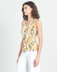 Sleeveless V-Neck Center Front Tie Top - Wild Leaves