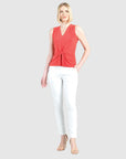 Sleeveless V-Neck Center Front Tie Top - Coral