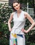 Sleeveless V-Neck Center Front Tie Top - White