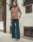 Mock Neck Pleated Detail Top - Mosaic Leaves - Final Sale!