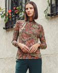 Mock Neck Pleated Detail Top - Mosaic Leaves - Final Sale!