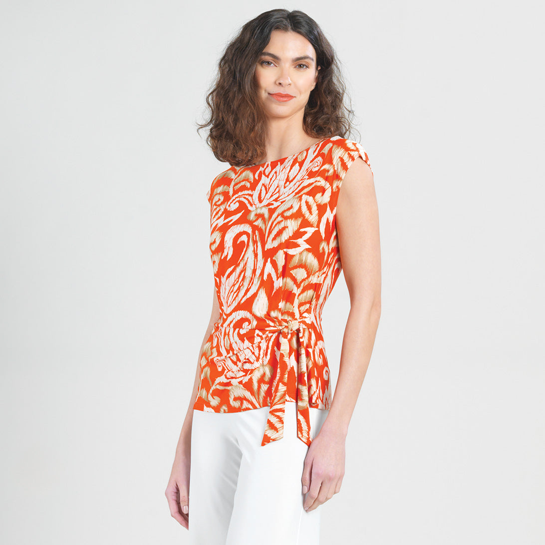 Butter Knit - Cap Sleeve Side Tie Top - Paisley Lotus Coral