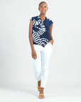 Crossover Faux Wrap Top - Track Line-Navy