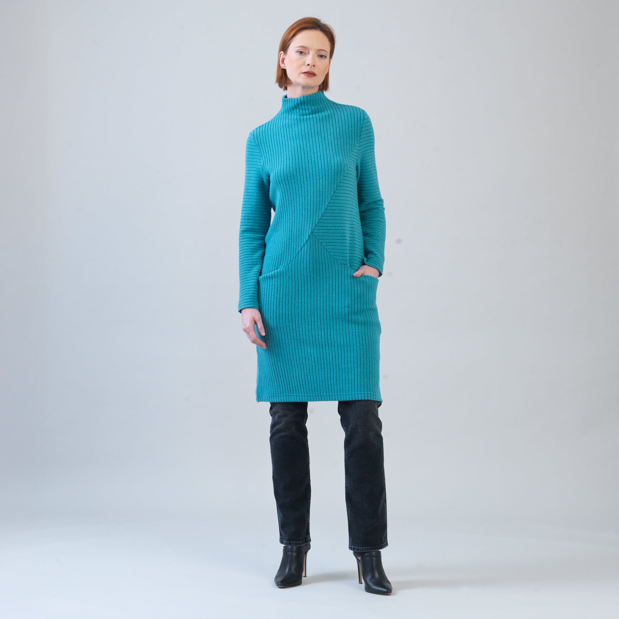 Chunky Ribbed - Tunic Pocket Sweater Dress - Teal - Final Sale! Clara Sunwoo Chunky Ribbed - Tunic Pocket Sweater Dress - Teal - Final Sale! Clara Sunwoo