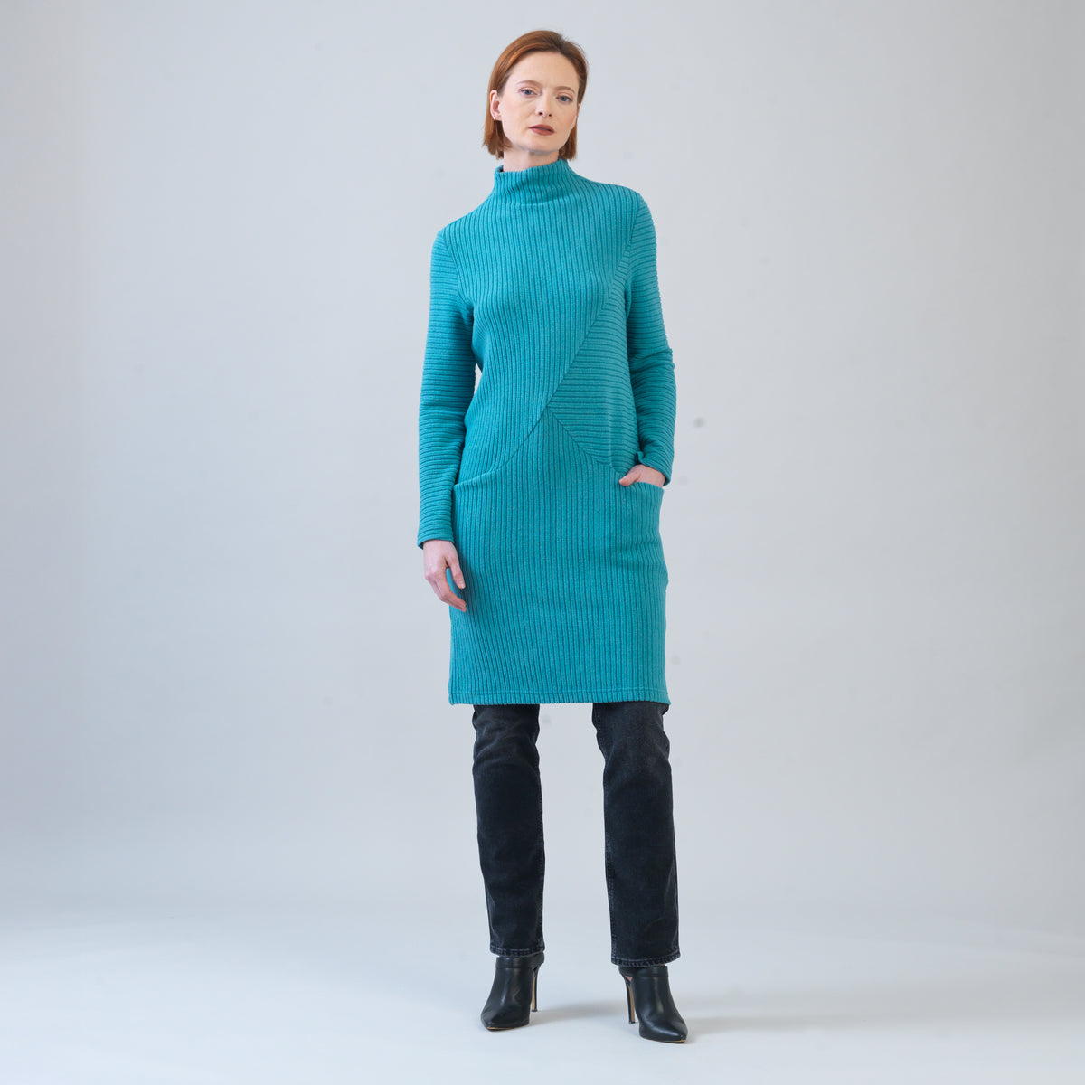 Chunky Ribbed - Tunic Pocket Sweater Dress - Teal - Final Sale