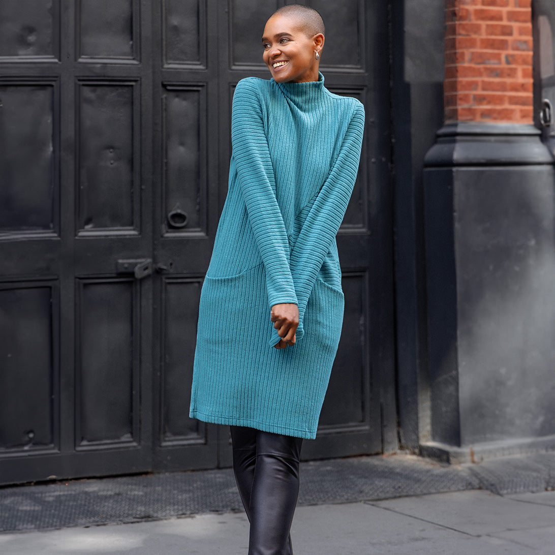 Chunky Ribbed Tunic Pocket Sweater Dress Teal Final Sale