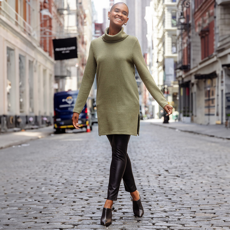 Chunky Ribbed - Cowl Turtleneck Sweater Tunic - Olive