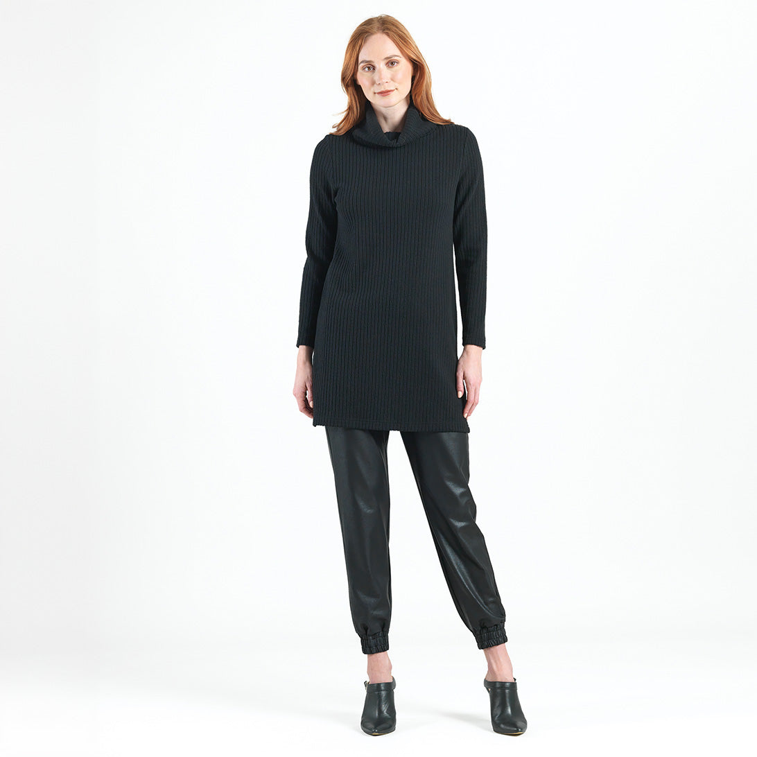 Chunky Ribbed - Cowl Turtleneck Sweater Tunic - Black