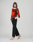 Tie Cuff Curved Hem Tunic - Floral Eclipse-Red