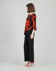 Tie Cuff Curved Hem Tunic - Floral Eclipse-Red