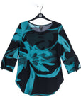 Tie Cuff Curved Hem Tunic - Floral Eclipse-Teal