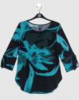 Tie Cuff Curved Hem Tunic - Floral Eclipse-Teal