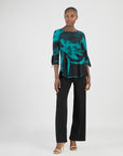 Tie Cuff Curved Hem Tunic - Floral Eclipse-Teal