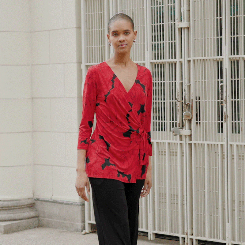 Surplice Faux Wrap Side Tie Tunic - Rose Floret - Final Sale Surplice Faux Wrap Side Tie Tunic - Rose Floret - Final Sale