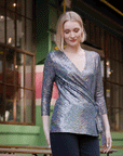 Shimmer Sequin - Faux Wrap Side Tie Tunic - Silver Pinstripe - Finale Sale