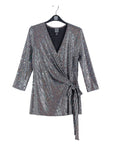 Shimmer Sequin - Faux Wrap Side Tie Tunic - Silver Pinstripe - Finale Sale