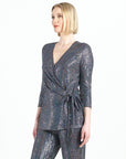Shimmer Sequin - Faux Wrap Side Tie Tunic - Silver Pinstripe - Finale Sale
