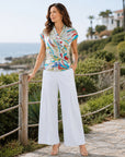 Surplice Crossover Top - Floral Leaves-Beige - Limited Sizes