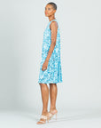 Textured Jewel Neck Swing Dress - Floral Rain-Turquoise