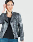 Metallic Liquid Leather™ Textured Biker Jacket - Gunmetal Silver