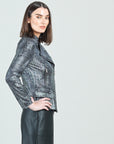 Metallic Liquid Leather™ Textured Biker Jacket - Gunmetal Silver
