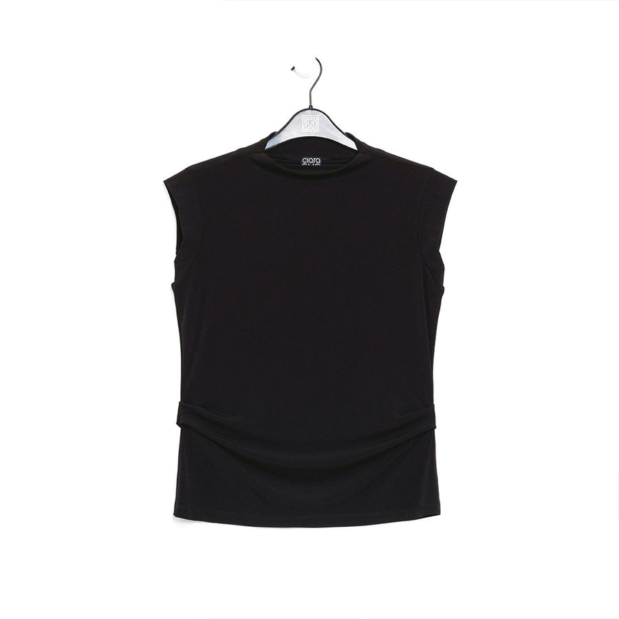 Side Ruched Cap Sleeve Top - Black