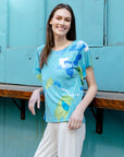 Floral Sketch Caftan Flutter Sleeve Top - Turquoise/Lemon - Final Sale!