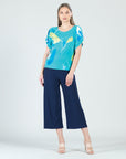 Floral Sketch Caftan Flutter Sleeve Top - Turquoise/Lemon - Final Sale!