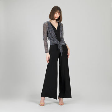 Sheer Shimmer - Modern Tie Front Cardigan - Silver