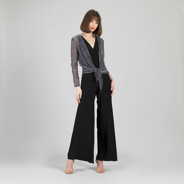 Sheer Shimmer - Modern Tie Front Cardigan - Silver – Clara