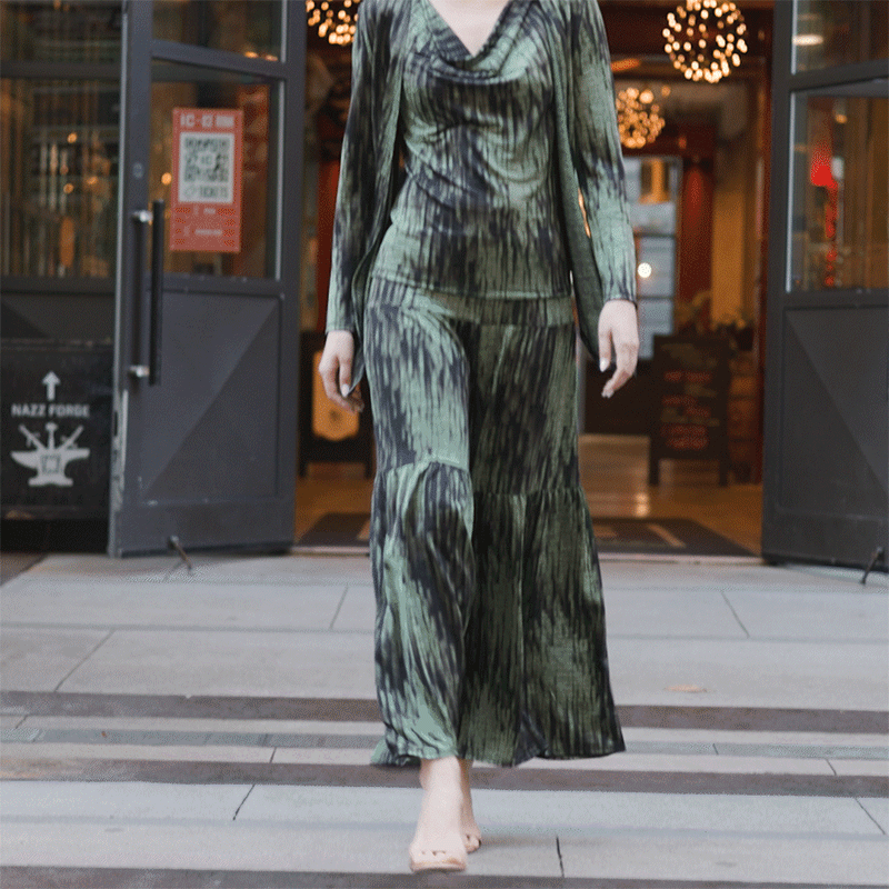 1Crinkle Pleat Knit - 2pc Cardigan & Cowl Tank Twinset - Water Ripple-Olive - Final Sale!