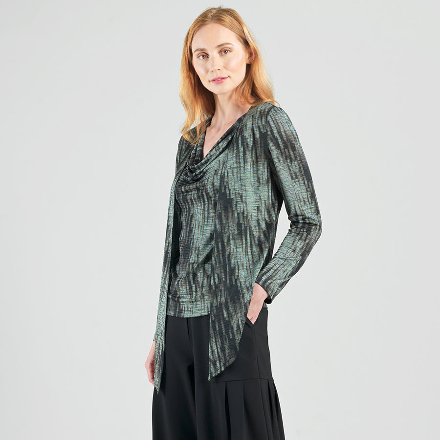 1Crinkle Pleat Knit - 2pc Cardigan & Cowl Tank Twinset - Water Ripple-Olive - Final Sale!