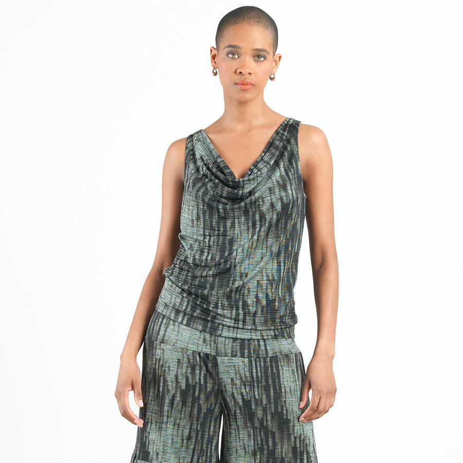 1Crinkle Pleat Knit - 2pc Cardigan & Cowl Tank Twinset - Water Ripple-Olive - Final Sale!