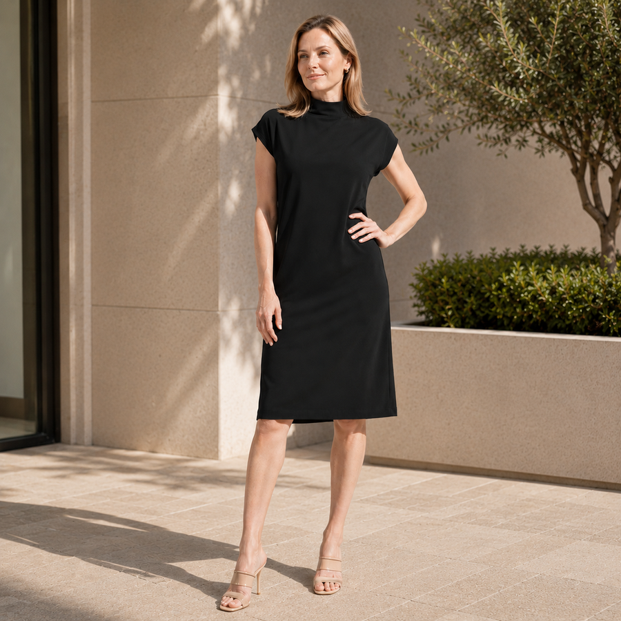 Lightweight Ponte - High Neck Cap Sleeve Midi Dress - Black