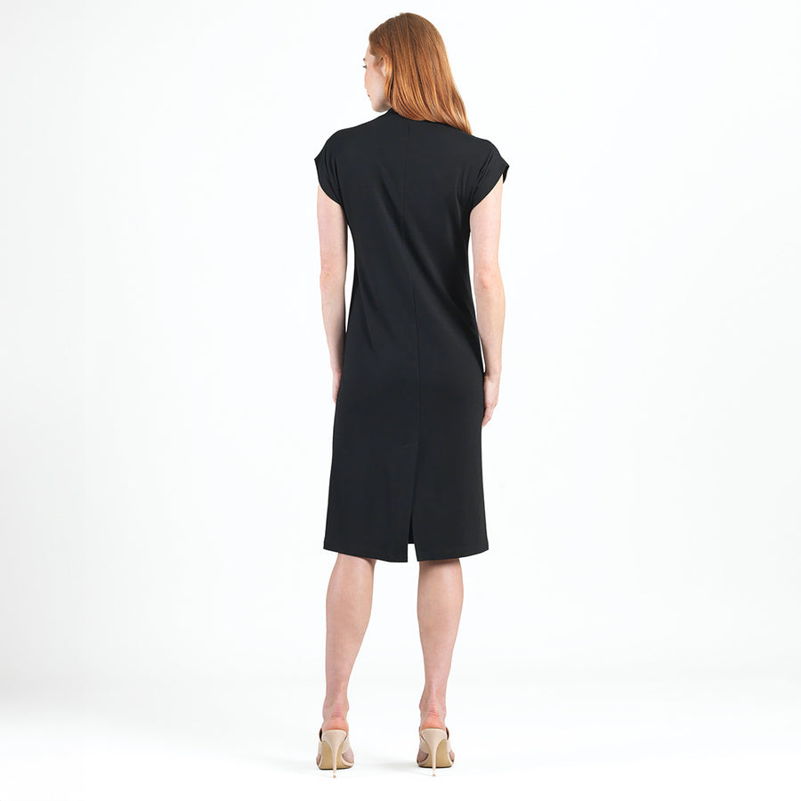 Lightweight Ponte - High Neck Cap Sleeve Midi Dress - Black