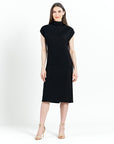 Lightweight Ponte - High Neck Cap Sleeve Midi Dress - Black