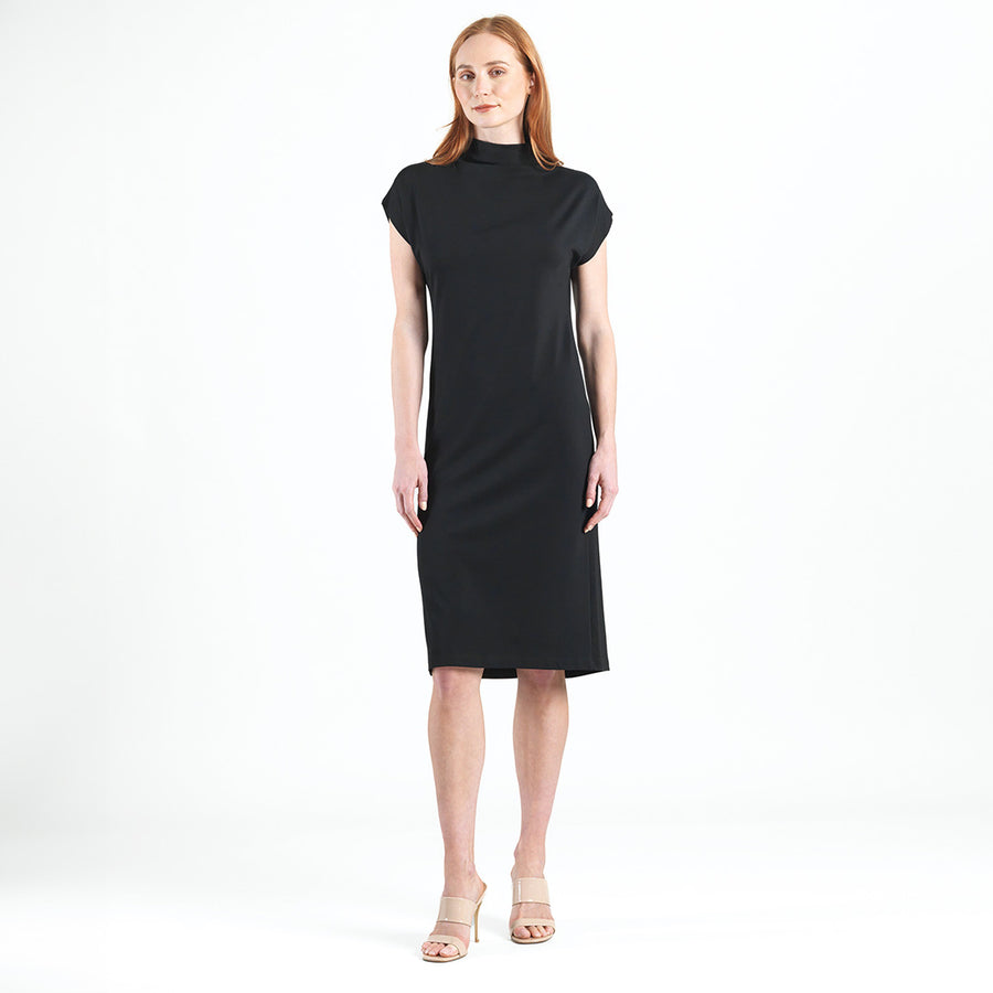 Lightweight Ponte - High Neck Cap Sleeve Midi Dress - Black